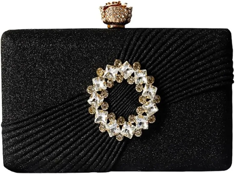 Classy Pleated Clutch Purse Simple Crystal Brooch Decorated Evening Bag Formal Occasion Casual Party Purse for Women