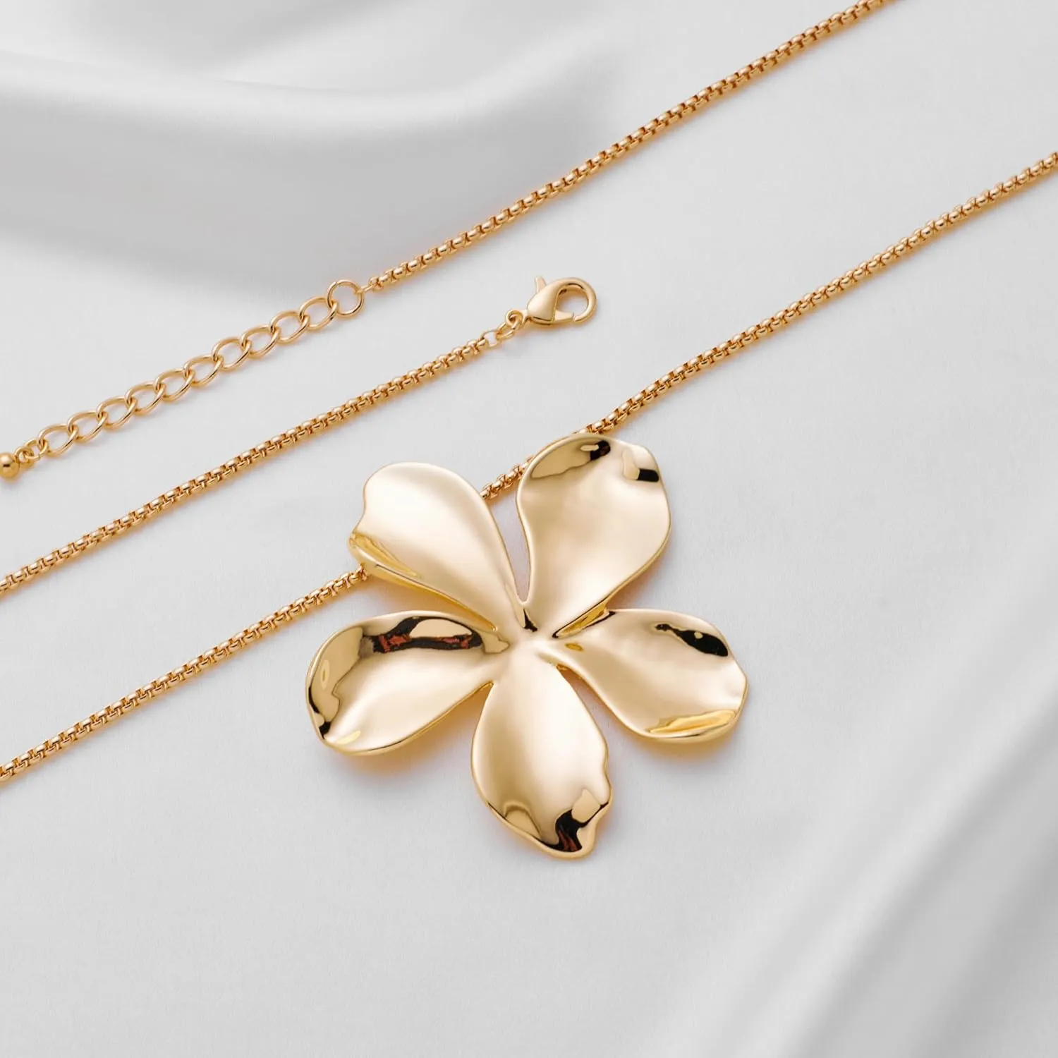 CLASSYZINT Shiny Gold Flower Statement Necklace For Women, Chunky Collar Necklace | Gold Floral Bib Necklace | Hawaiian Plumeria Flower Pendant | Boho Necklace