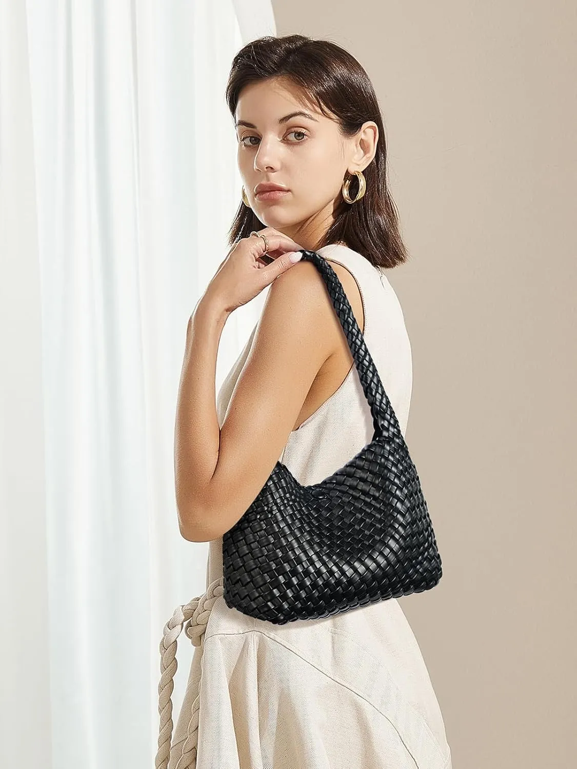 CLUCI Woven Shoulder Bag for Women, Vegan Leather Purse Tote Handbag 2PS