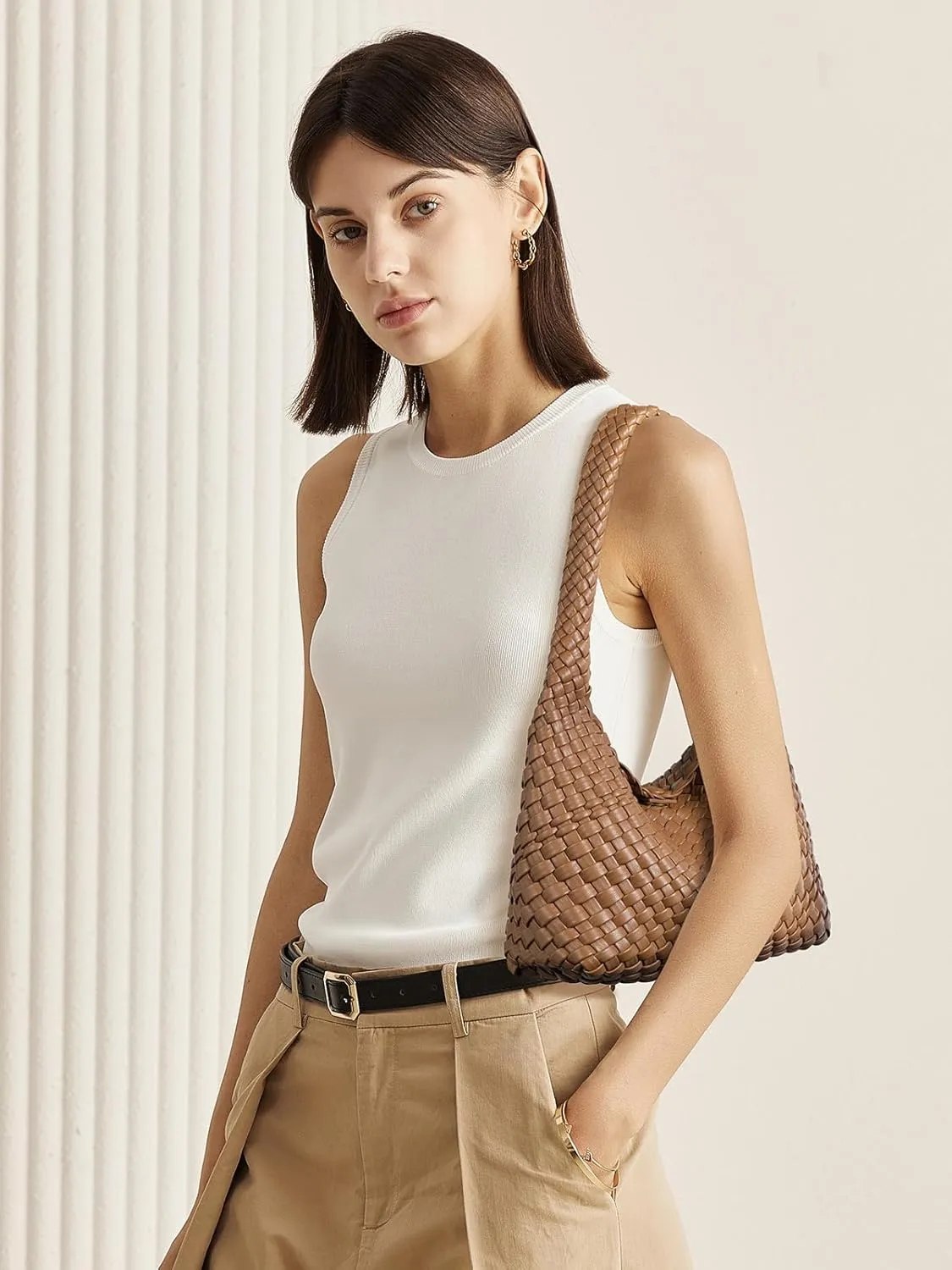 CLUCI Woven Shoulder Bag for Women, Vegan Leather Purse Tote Handbag 2PS