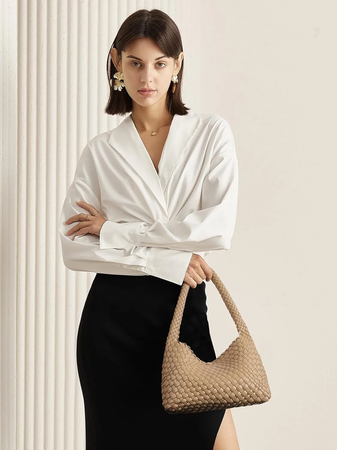 CLUCI Woven Shoulder Bag for Women, Vegan Leather Purse Tote Handbag 2PS
