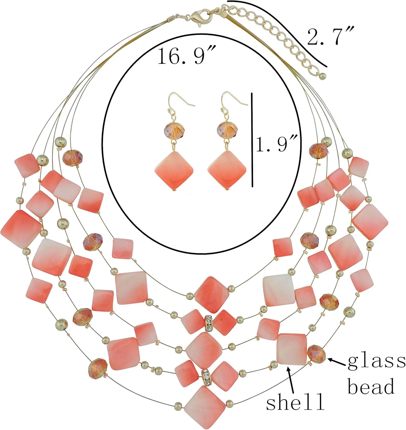 Coiris 5 Layer Illusion Wire Gradient Color Shell Beaded Statement Necklace for Women