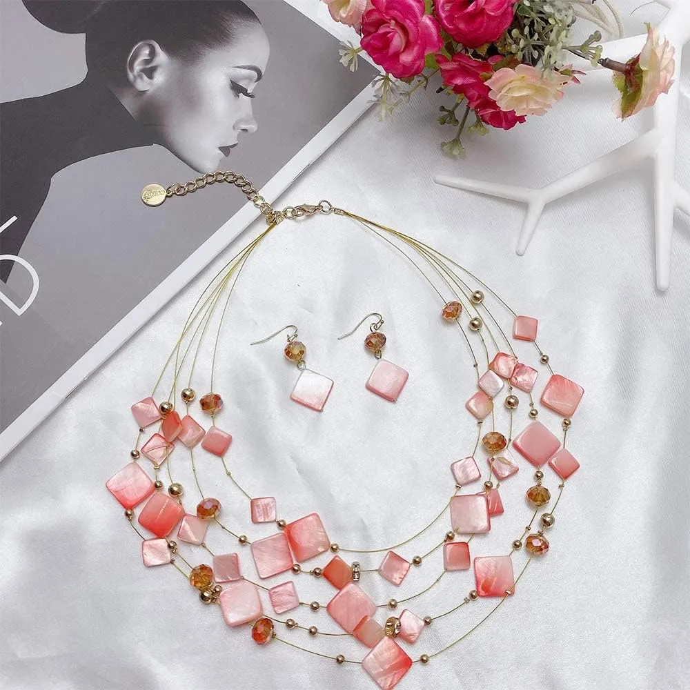 Coiris 5 Layer Illusion Wire Gradient Color Shell Beaded Statement Necklace for Women