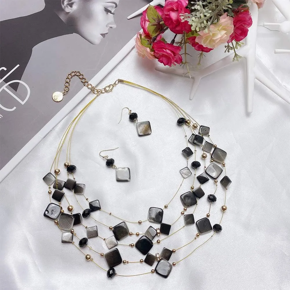 Coiris 5 Layer Illusion Wire Gradient Color Shell Beaded Statement Necklace for Women