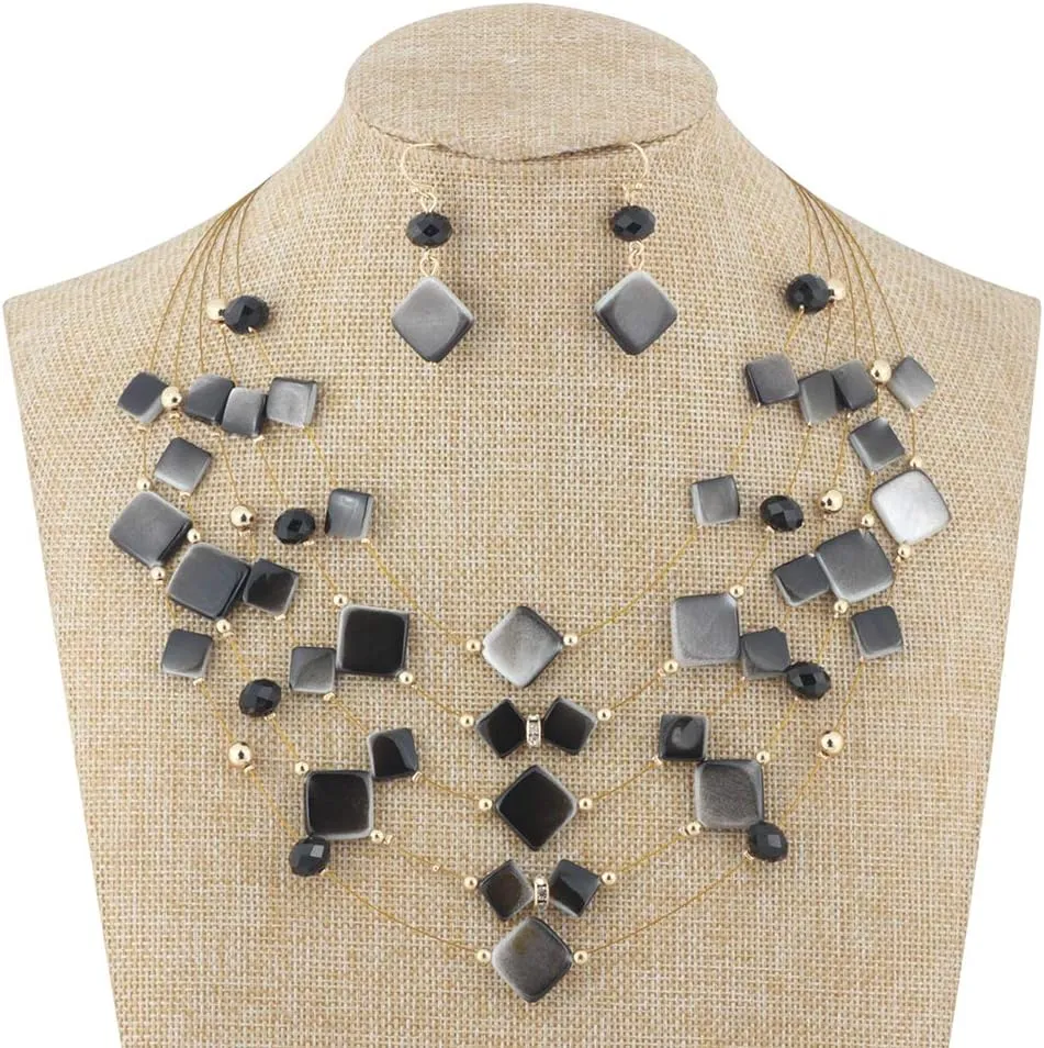 Coiris 5 Layer Illusion Wire Gradient Color Shell Beaded Statement Necklace for Women