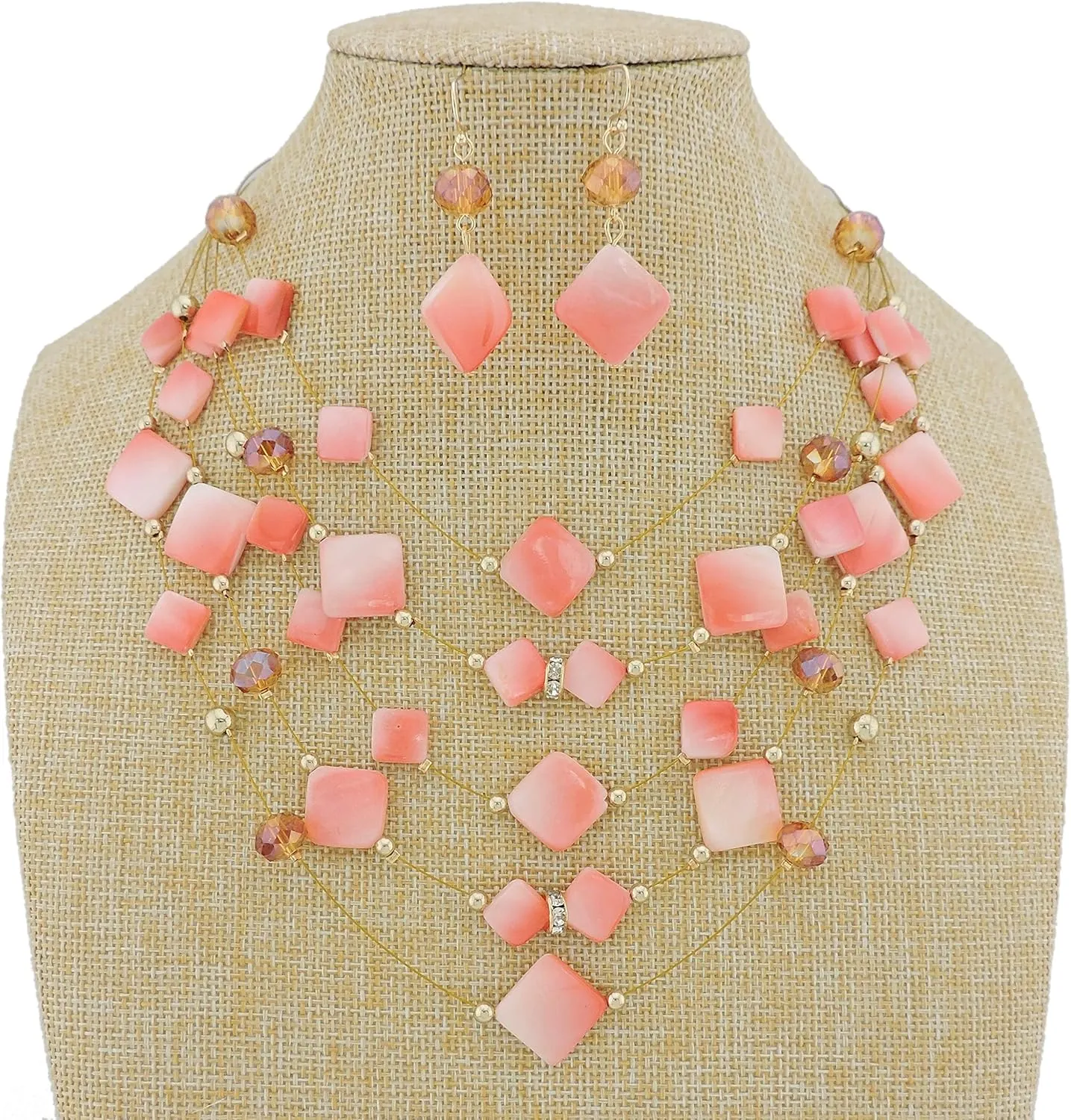 Coiris 5 Layer Illusion Wire Gradient Color Shell Beaded Statement Necklace for Women
