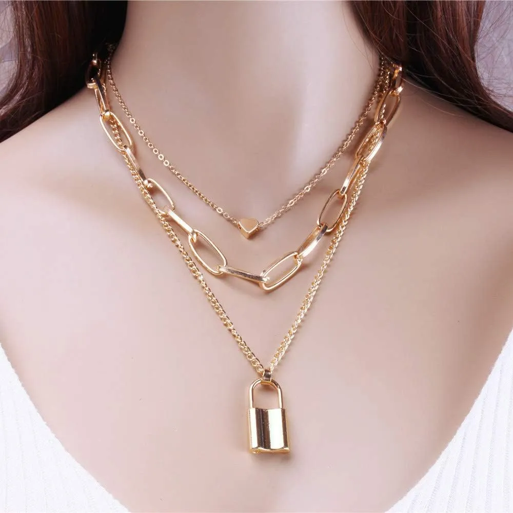 COLORFUL BLING Jewelry Lock Chain Necklace Statement Lock Key Pendant Necklace Silver Set Long Multilayer Chains Punk Choker for Women