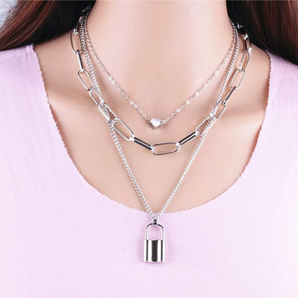 COLORFUL BLING Jewelry Lock Chain Necklace Statement Lock Key Pendant Necklace Silver Set Long Multilayer Chains Punk Choker for Women