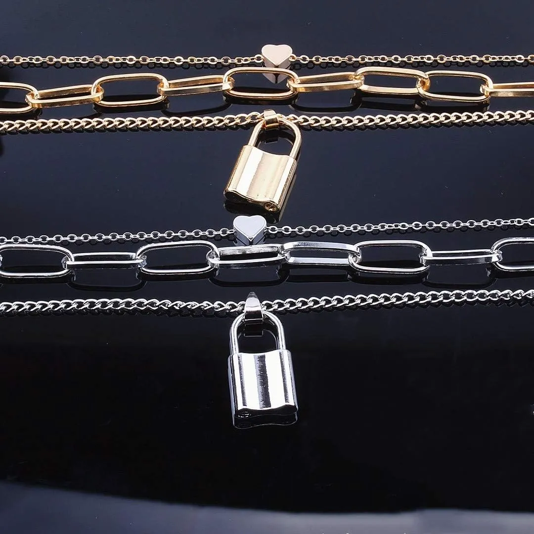 COLORFUL BLING Jewelry Lock Chain Necklace Statement Lock Key Pendant Necklace Silver Set Long Multilayer Chains Punk Choker for Women