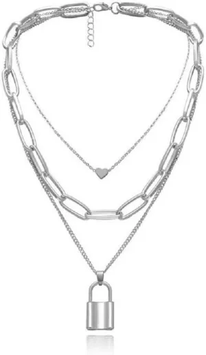 COLORFUL BLING Jewelry Lock Chain Necklace Statement Lock Key Pendant Necklace Silver Set Long Multilayer Chains Punk Choker for Women