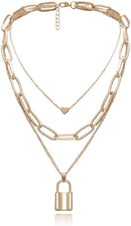 COLORFUL BLING Jewelry Lock Chain Necklace Statement Lock Key Pendant Necklace Silver Set Long Multilayer Chains Punk Choker for Women