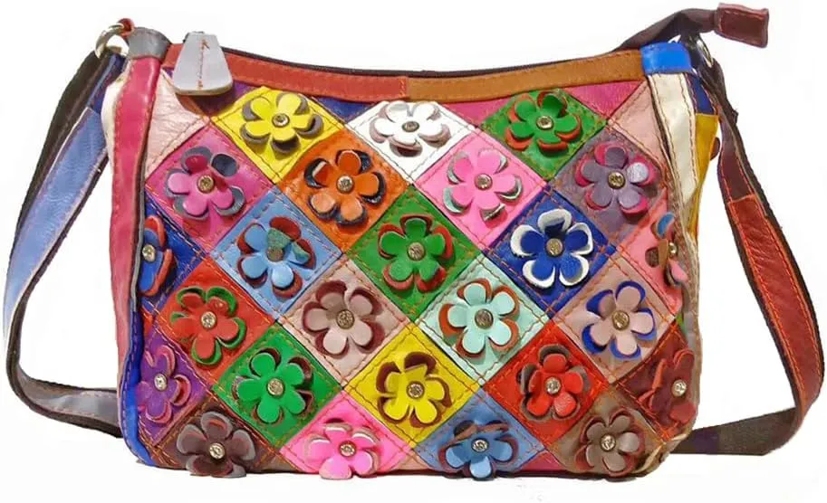 Colorful Flowers Spliced Crossbody Purse for Women Genuine Leather Multicolored Shoulder Handbag Christmas Satchel