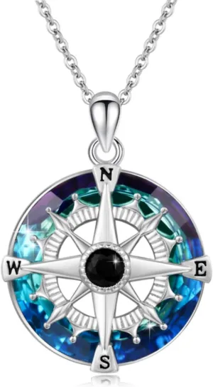 Compass/Anchor Necklace 925 Sterling Silver Nautical Compass Pendant Necklace with Blue Circle Crystal/Zircon Jewelry Birthday Gift for Women Lady