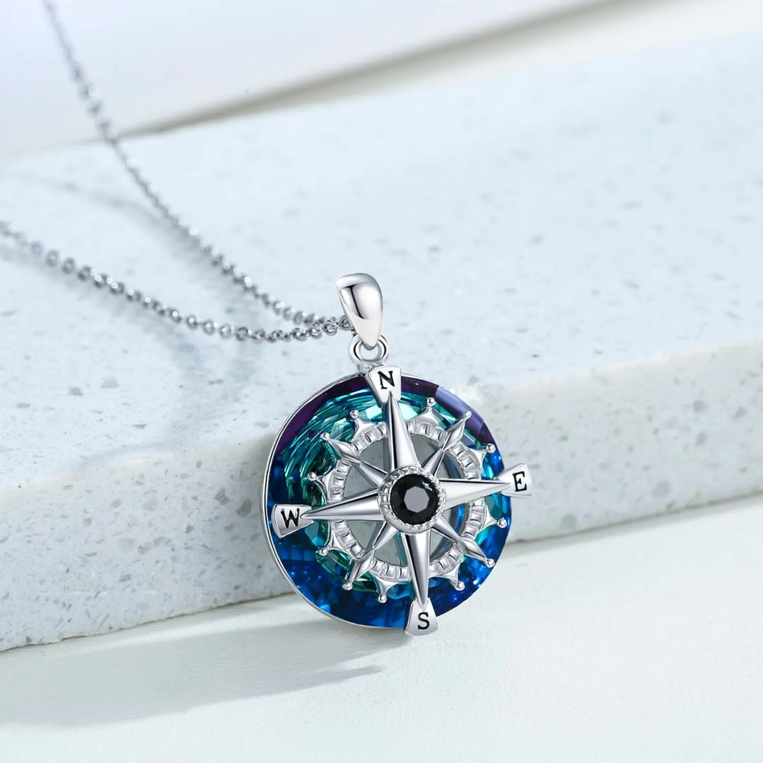 Compass/Anchor Necklace 925 Sterling Silver Nautical Compass Pendant Necklace with Blue Circle Crystal/Zircon Jewelry Birthday Gift for Women Lady
