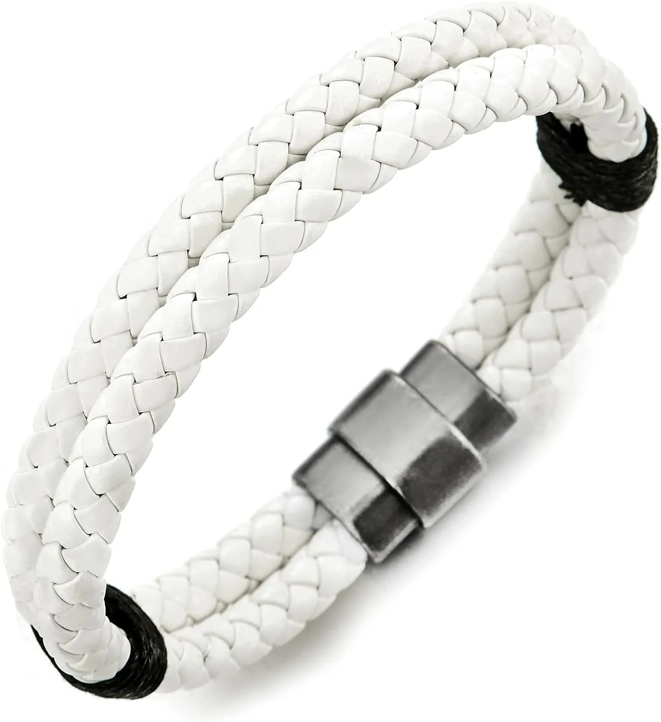 COOLSTEELANDBEYOND Braided Leather Bangle Bracelet for Men Women Genuine Leather Wristband with Magnetic Clasp