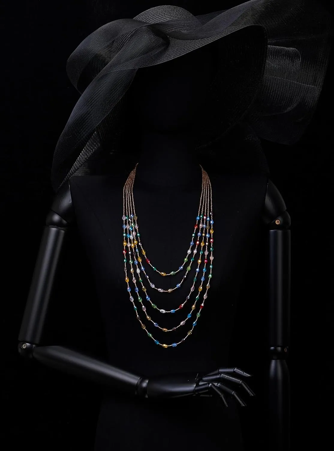 COOLSTEELANDBEYOND Champagne Gold Oval Beads Statement Necklace Multi-Strand Long Chains with Crystal Charm Pendant