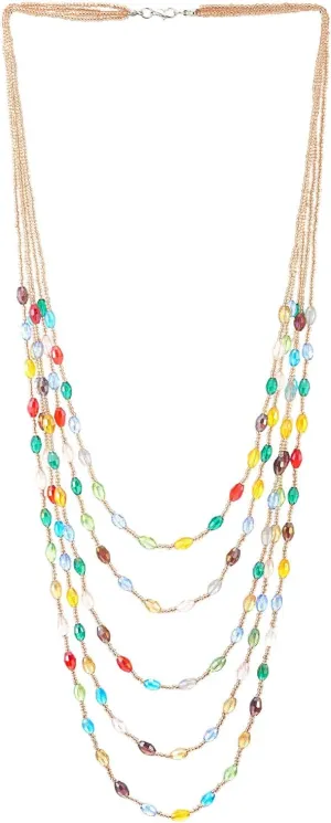 COOLSTEELANDBEYOND Champagne Gold Oval Beads Statement Necklace Multi-Strand Long Chains with Crystal Charm Pendant