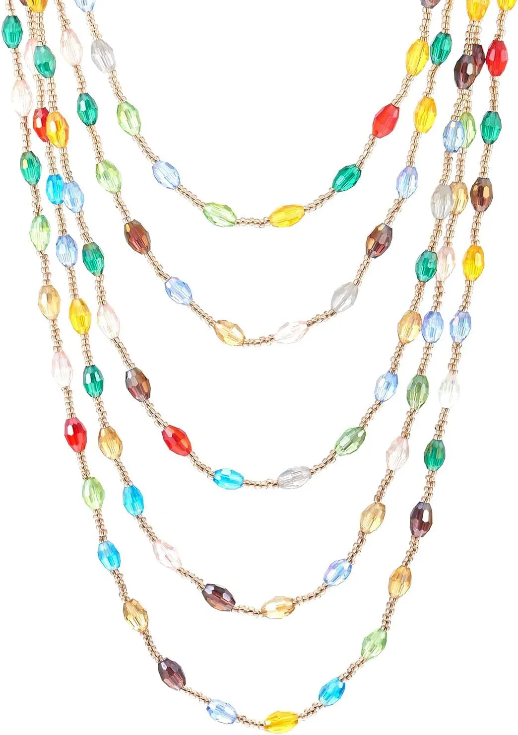 COOLSTEELANDBEYOND Champagne Gold Oval Beads Statement Necklace Multi-Strand Long Chains with Crystal Charm Pendant