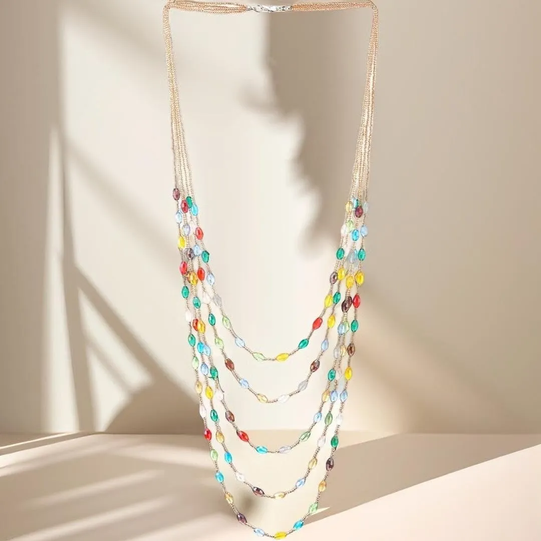 COOLSTEELANDBEYOND Champagne Gold Oval Beads Statement Necklace Multi-Strand Long Chains with Crystal Charm Pendant