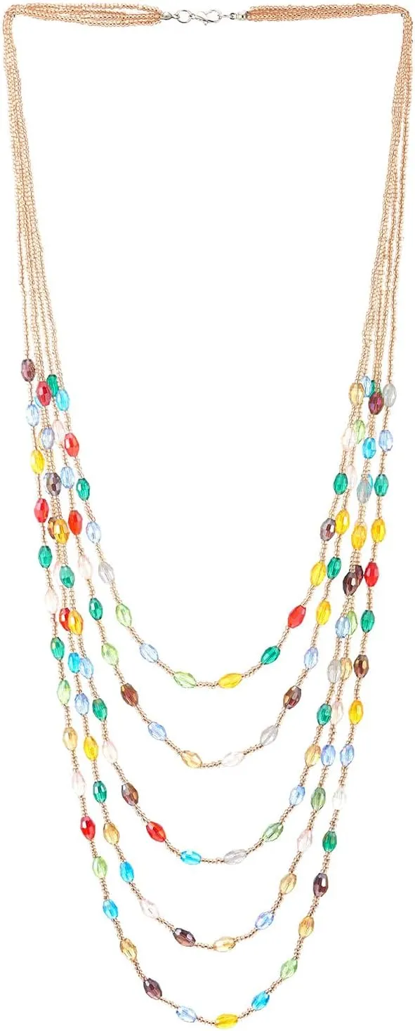 COOLSTEELANDBEYOND Champagne Gold Oval Beads Statement Necklace Multi-Strand Long Chains with Crystal Charm Pendant