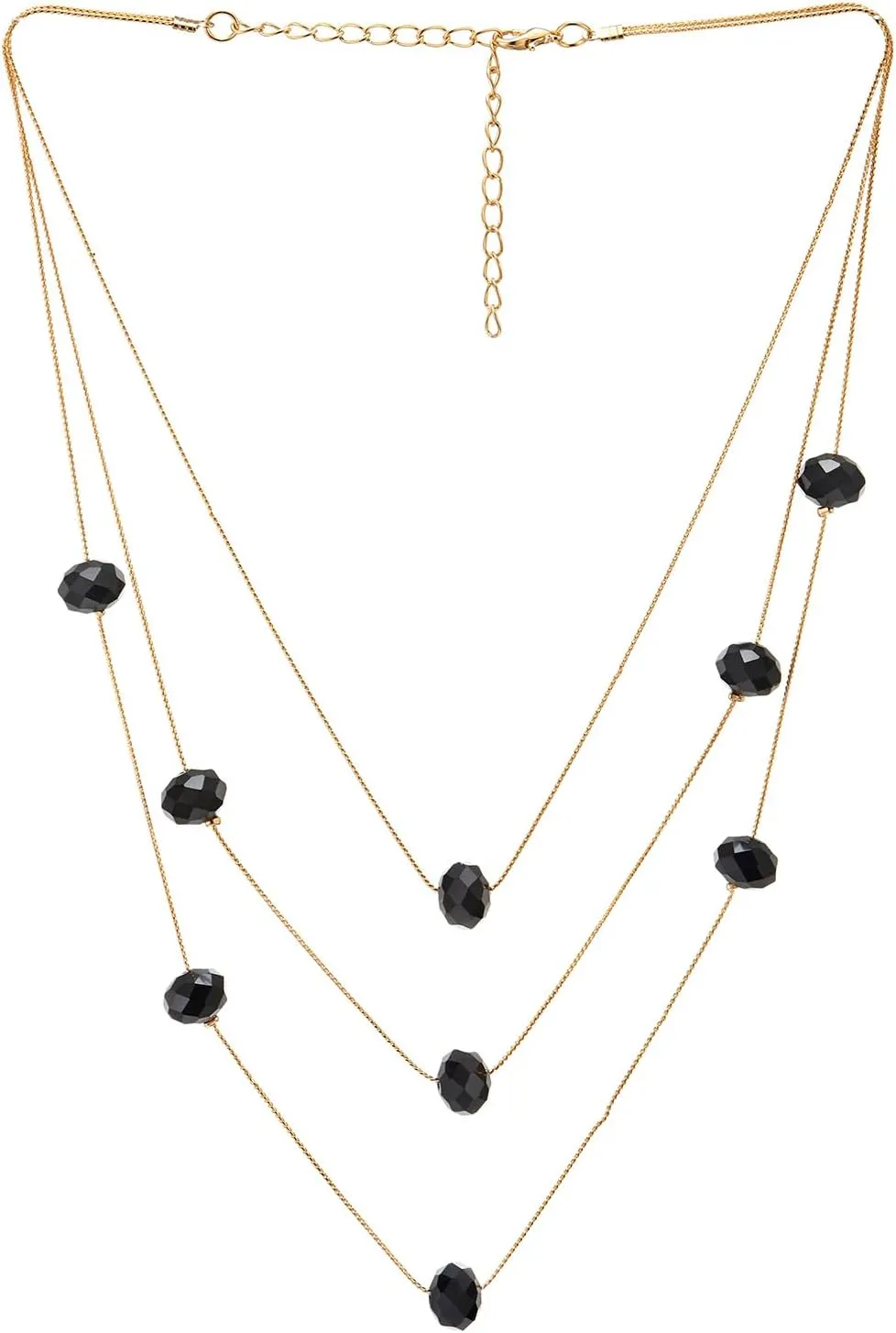 COOLSTEELANDBEYOND Layered Statement Necklace with Black Faceted Beads, Gold Color Chains Three-Strand, Charms Pendant