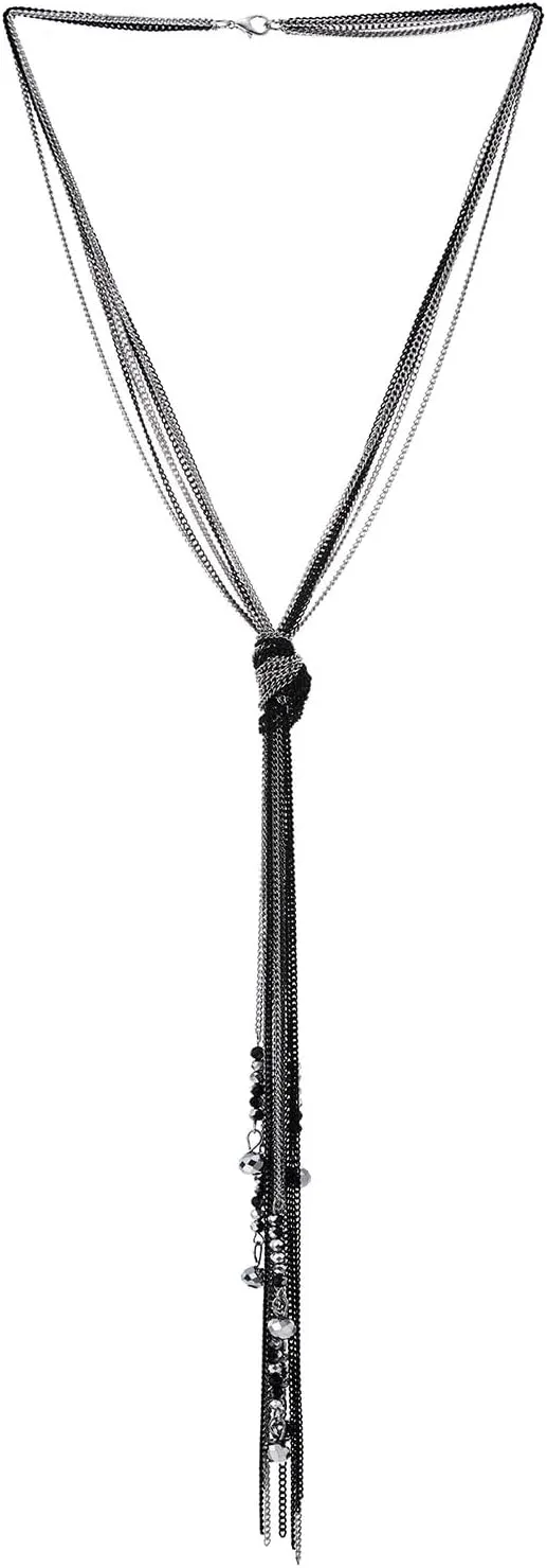 COOLSTEELANDBEYOND Long Knot Pendant Chain Necklace Multi-Strand Black and Silver Chains Crystal Beads Layered Necklace