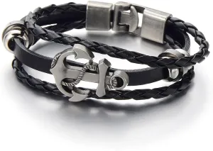 COOLSTEELANDBEYOND Mens Women Anchor Braided Leather Bracelet Multi-Strand Wristband Wrap Bracelet