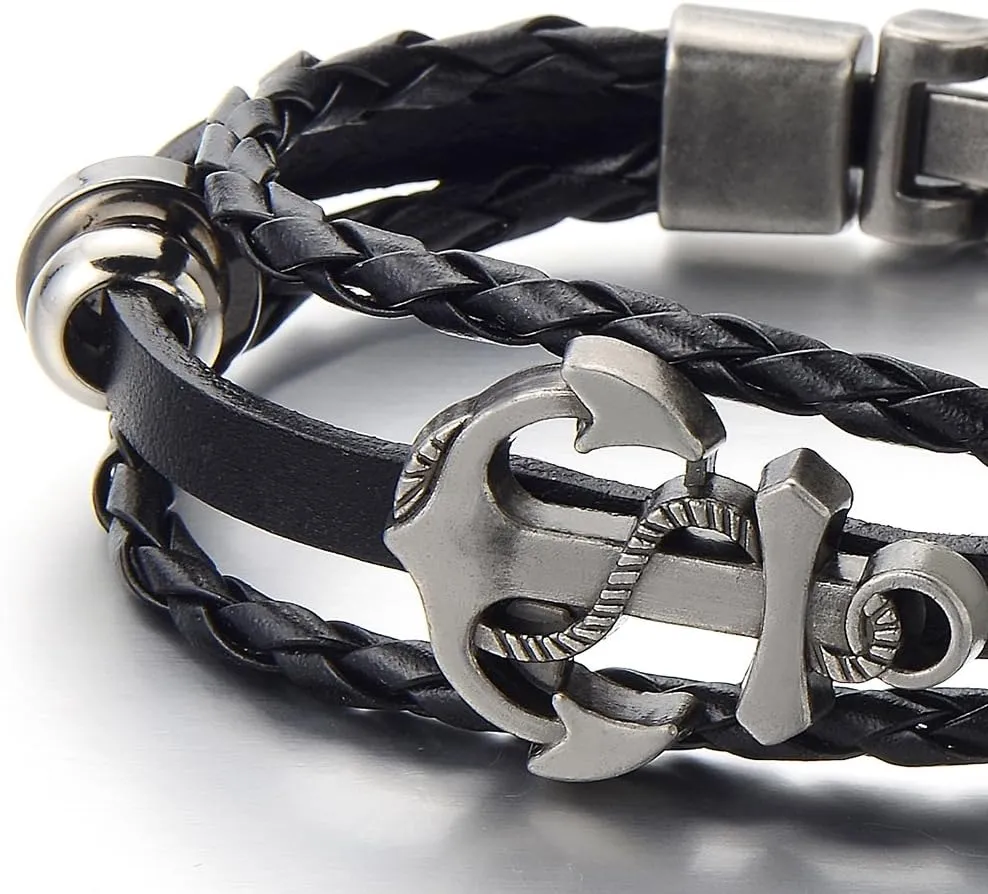 COOLSTEELANDBEYOND Mens Women Anchor Braided Leather Bracelet Multi-Strand Wristband Wrap Bracelet