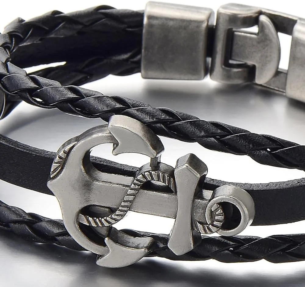 COOLSTEELANDBEYOND Mens Women Anchor Braided Leather Bracelet Multi-Strand Wristband Wrap Bracelet