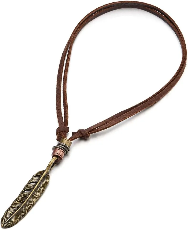 COOLSTEELANDBEYOND Retro Style Feather Pendant Unisex Necklace for Mens Womens with Adjustable Leather Cord