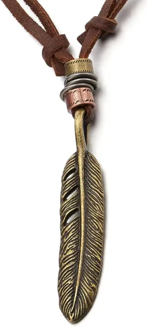 COOLSTEELANDBEYOND Retro Style Feather Pendant Unisex Necklace for Mens Womens with Adjustable Leather Cord