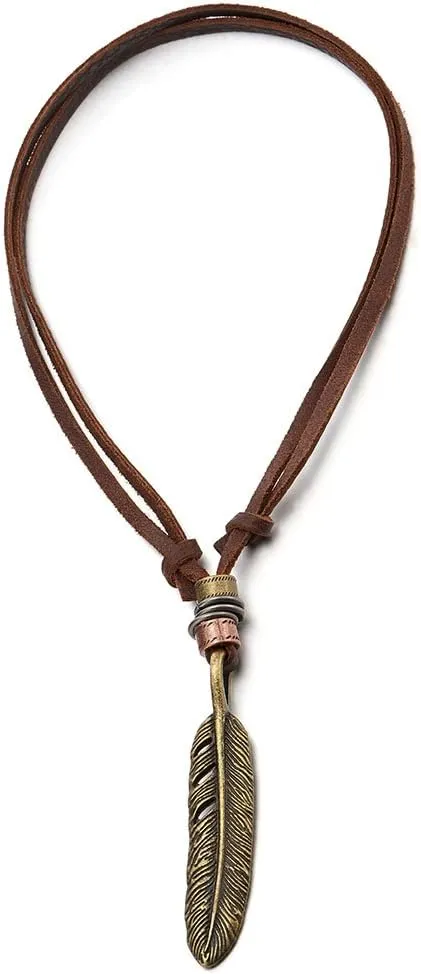 COOLSTEELANDBEYOND Retro Style Feather Pendant Unisex Necklace for Mens Womens with Adjustable Leather Cord