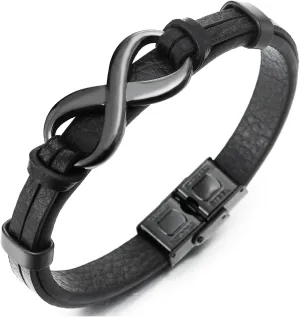 COOLSTEELANDBEYOND Steel Infinity Love Number 8 Friendship Leather Wristband Bracelet, for Men and Women