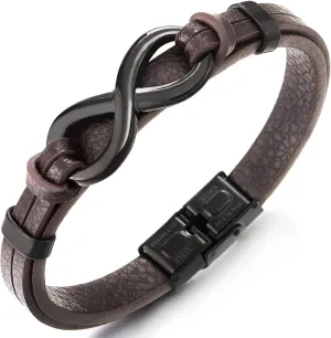 COOLSTEELANDBEYOND Steel Infinity Love Number 8 Friendship Leather Wristband Bracelet, for Men and Women