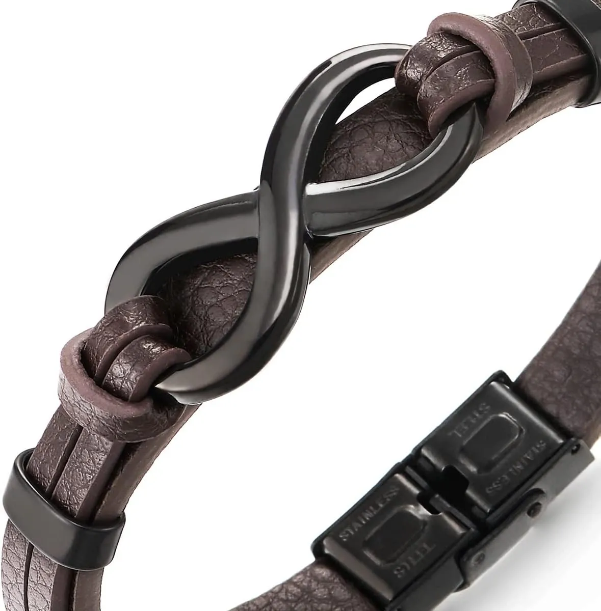 COOLSTEELANDBEYOND Steel Infinity Love Number 8 Friendship Leather Wristband Bracelet, for Men and Women