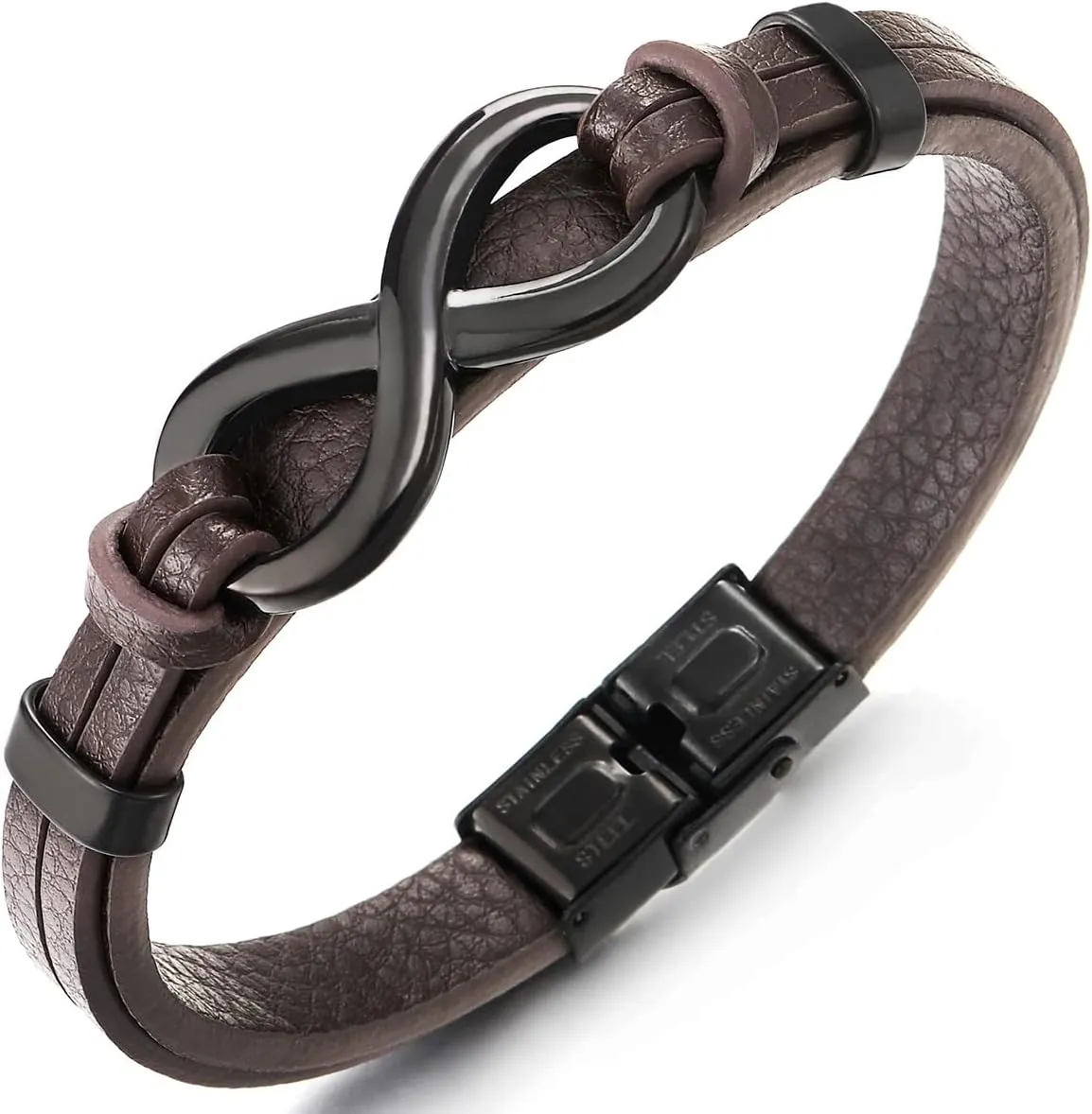 COOLSTEELANDBEYOND Steel Infinity Love Number 8 Friendship Leather Wristband Bracelet, for Men and Women