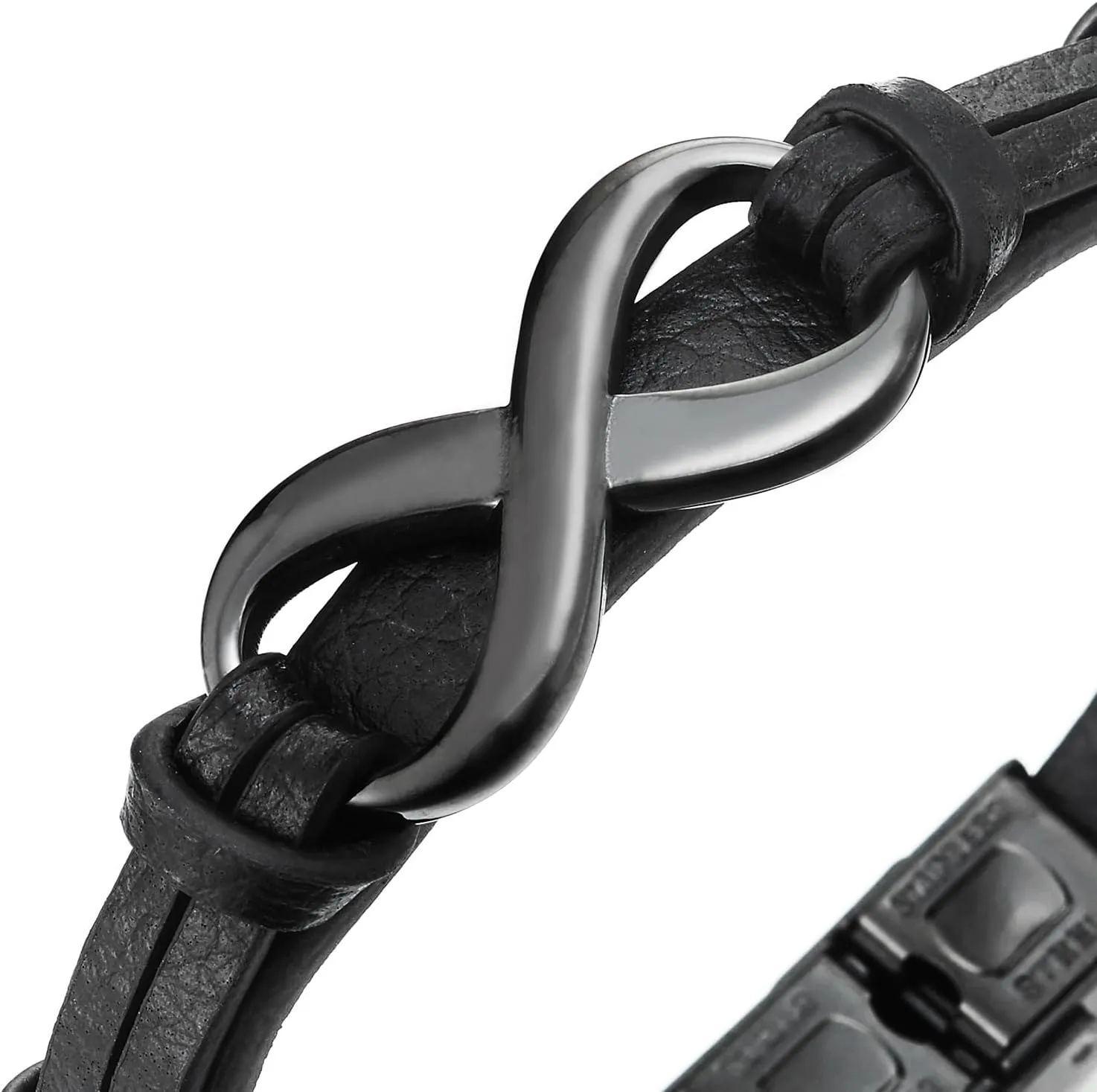 COOLSTEELANDBEYOND Steel Infinity Love Number 8 Friendship Leather Wristband Bracelet, for Men and Women