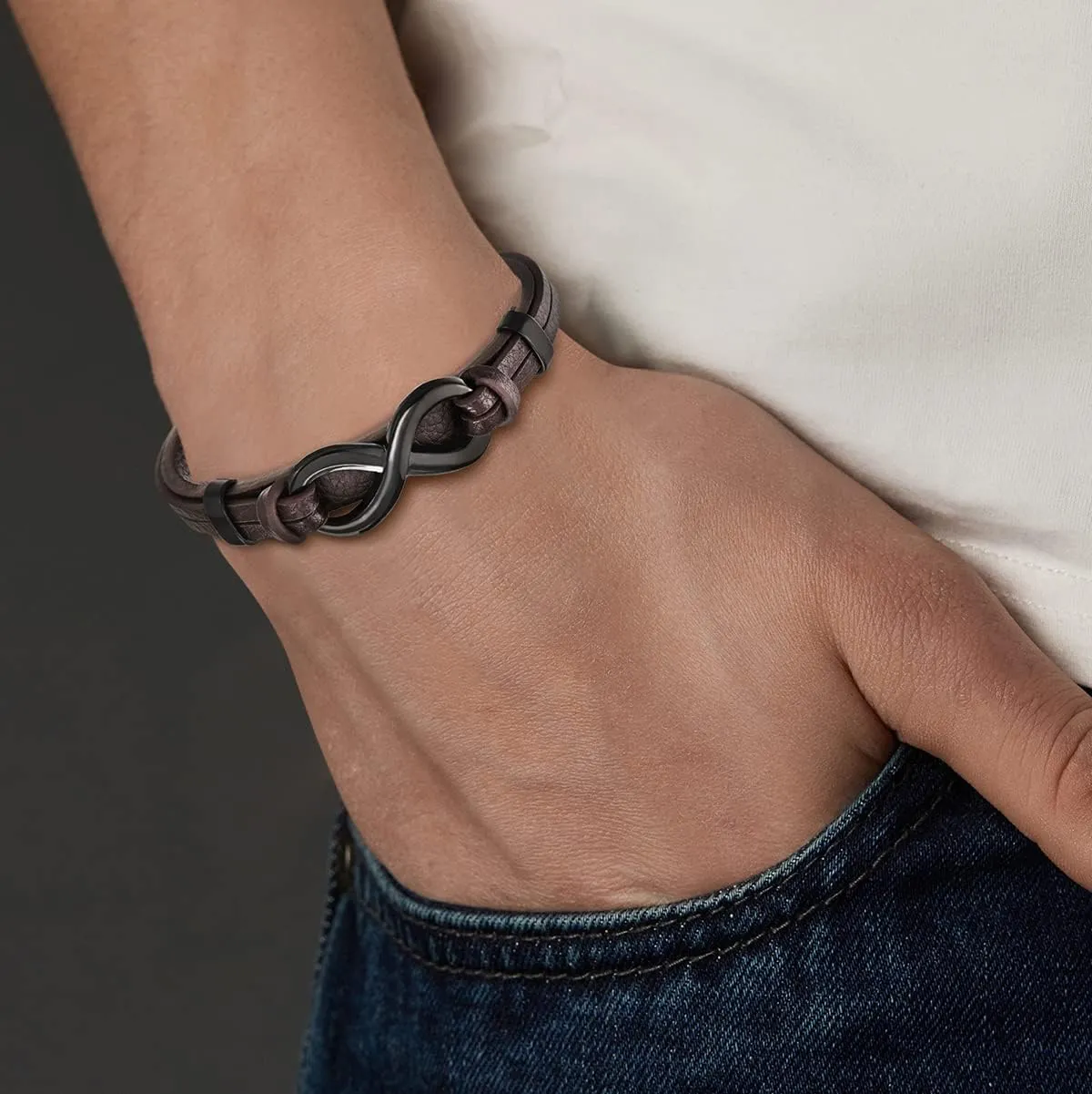 COOLSTEELANDBEYOND Steel Infinity Love Number 8 Friendship Leather Wristband Bracelet, for Men and Women