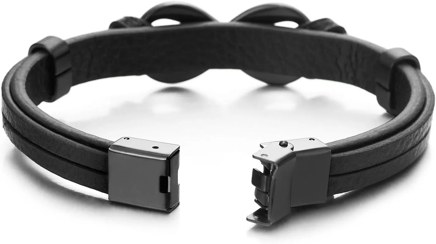 COOLSTEELANDBEYOND Steel Infinity Love Number 8 Friendship Leather Wristband Bracelet, for Men and Women