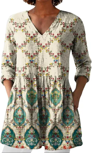 Cotton Linen Boho Tops for Women Casual Vintage Long Sleeve Shirt Floral Graphic V Neck Blouses Vacation Tunics