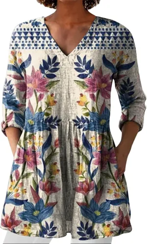 Cotton Linen Boho Tops for Women Casual Vintage Long Sleeve Shirt Floral Graphic V Neck Blouses Vacation Tunics