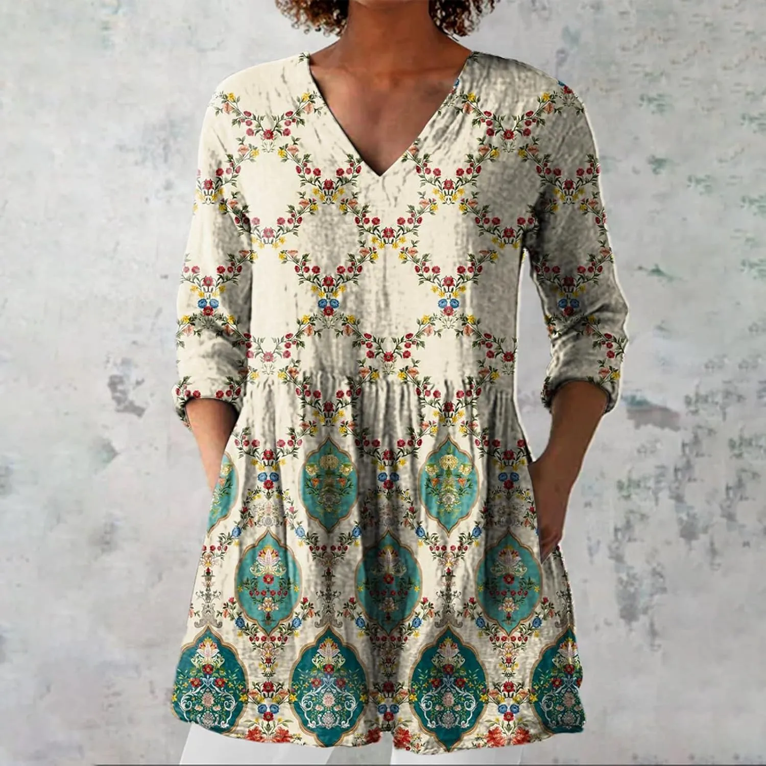 Cotton Linen Boho Tops for Women Casual Vintage Long Sleeve Shirt Floral Graphic V Neck Blouses Vacation Tunics