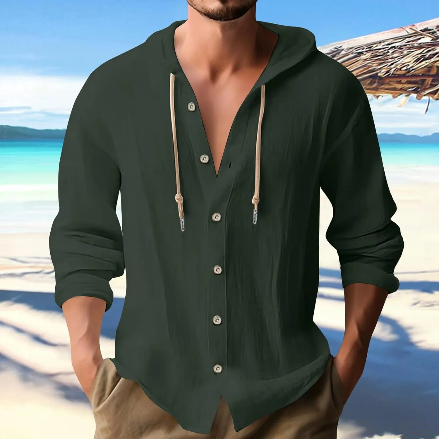 Cotton Linen Hoodie for Men Drawstring Hooded Button Down Beach Hippie Shirt Lightweight Soft Long Sleeve Blouse Tops