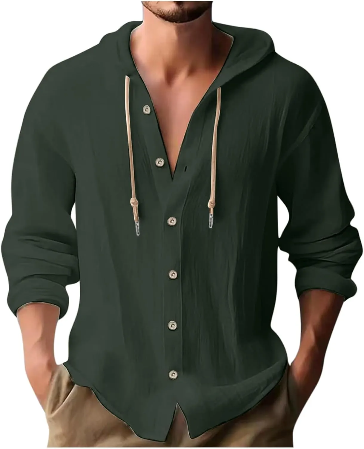 Cotton Linen Hoodie for Men Drawstring Hooded Button Down Beach Hippie Shirt Lightweight Soft Long Sleeve Blouse Tops