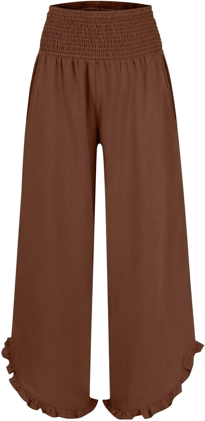 Cotton Linen Pants for Women 2025 Wide Leg Ruffle Hem Elastic High Waist Palazzo Long Pant Flowy Hem Lounge Trousers