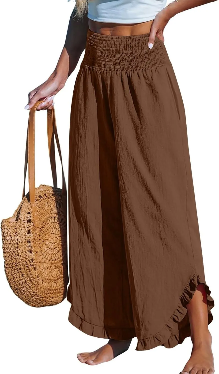 Cotton Linen Pants for Women 2025 Wide Leg Ruffle Hem Elastic High Waist Palazzo Long Pant Flowy Hem Lounge Trousers