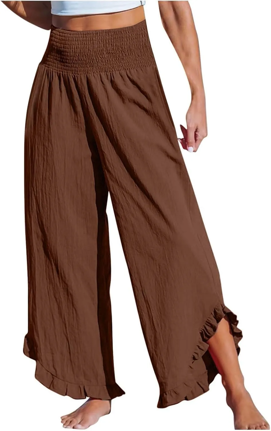 Cotton Linen Pants for Women 2025 Wide Leg Ruffle Hem Elastic High Waist Palazzo Long Pant Flowy Hem Lounge Trousers