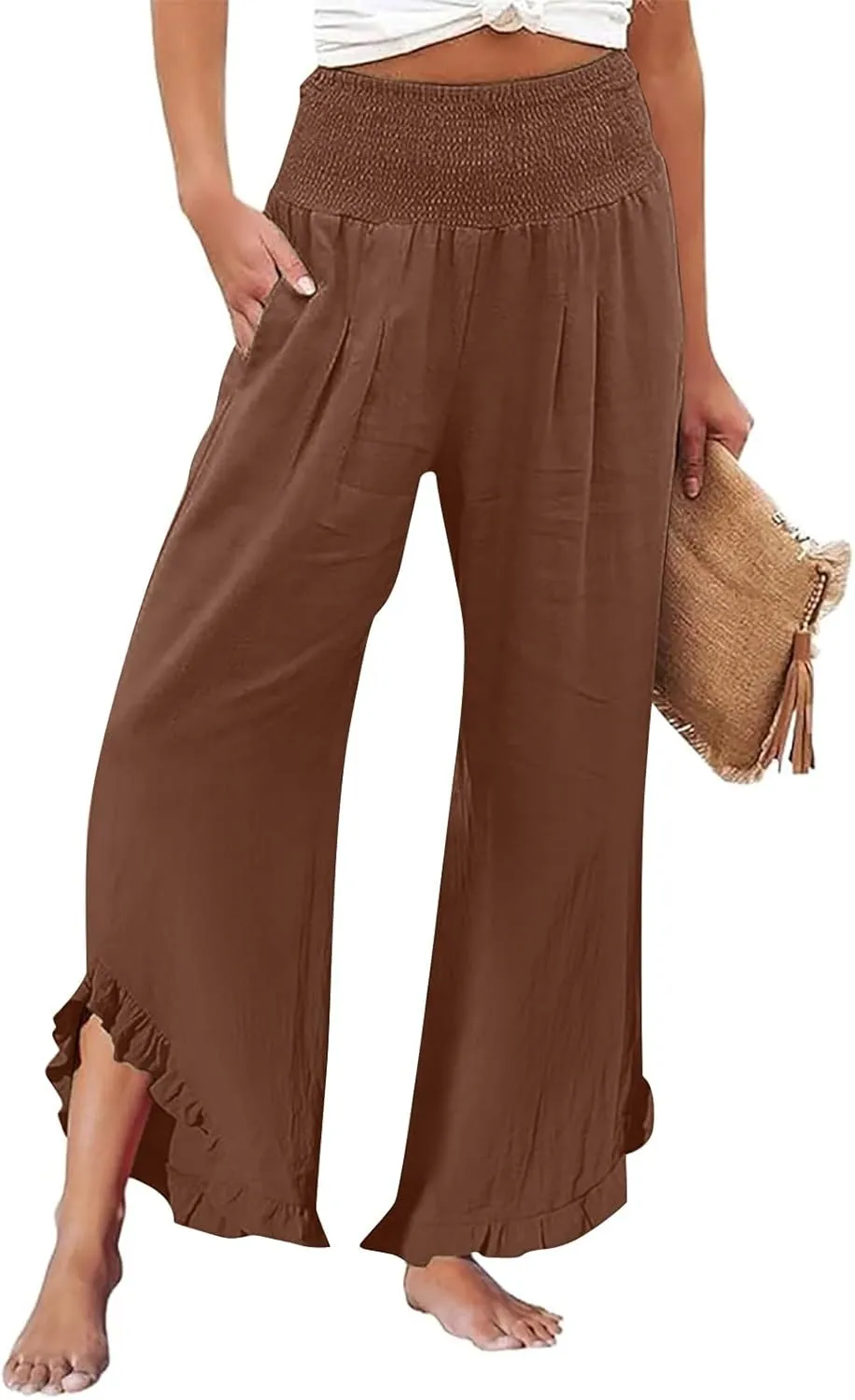 Cotton Linen Pants for Women 2025 Wide Leg Ruffle Hem Elastic High Waist Palazzo Long Pant Flowy Hem Lounge Trousers