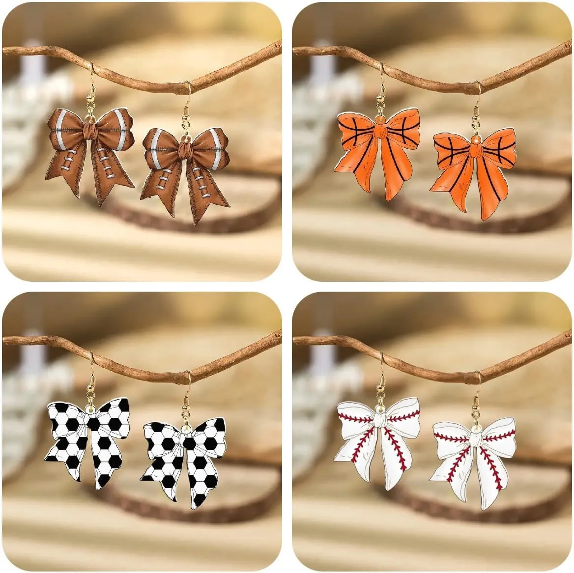 Creative Vintage Bow Earrings Acrylic Baseball Football Soccer Tennis Bow Earrings Sports Lover Party Women's Jewelry