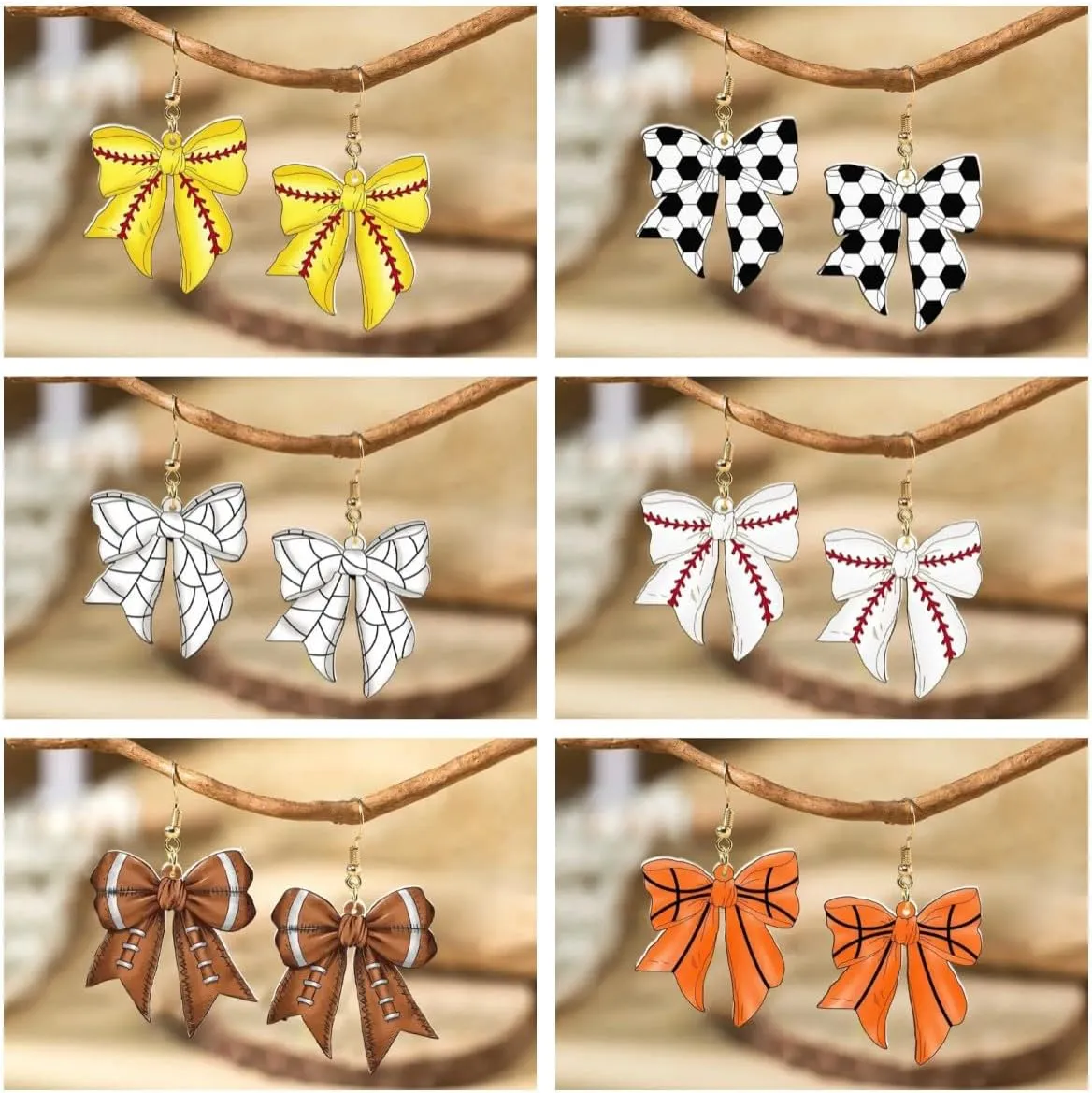 Creative Vintage Bow Earrings Acrylic Baseball Football Soccer Tennis Bow Earrings Sports Lover Party Women's Jewelry